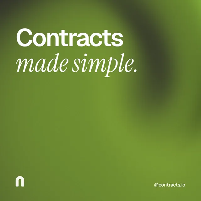 Instagram post for contracts.io: "Contracts made simple." Auto 1x1 style, technique:shader field layout, light palette in green.