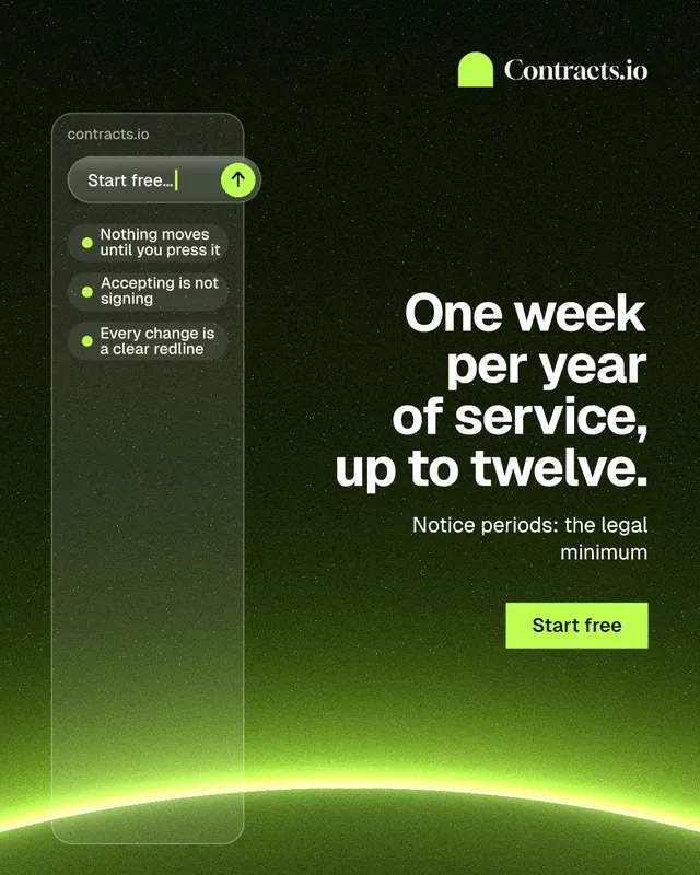 Instagram portrait post for contracts.io: "One week per year of service, up to twelve." Swiss style, right layout, dark palette in black, green.
