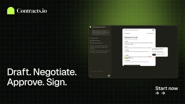Landscape graphic for contracts.io: "Draft. Negotiate. Approve. Sign." Phosphor atlas style, image led layout, dark palette in black, grey.