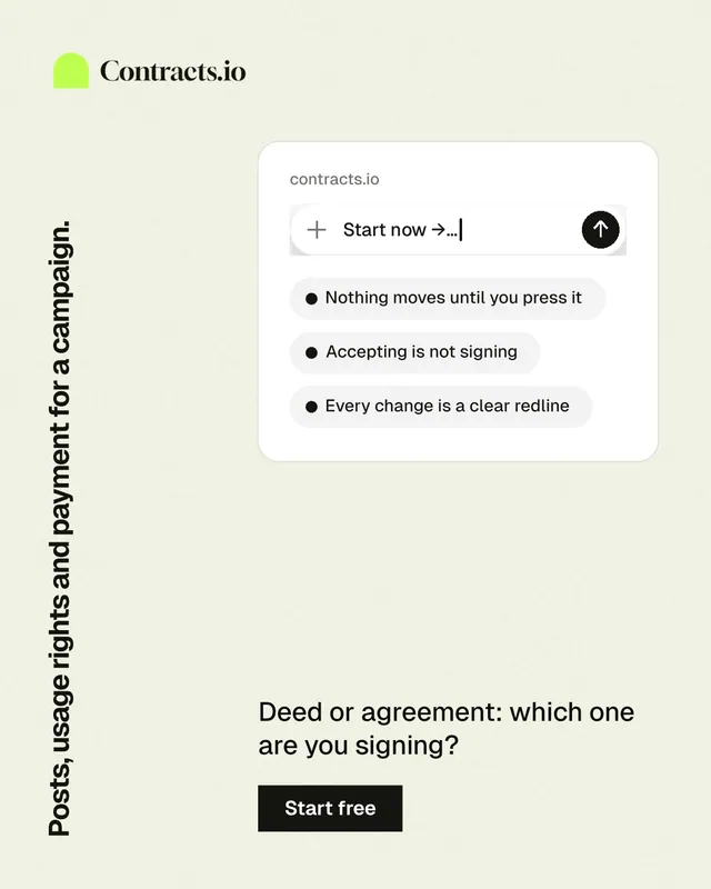Instagram portrait post for contracts.io: "Posts, usage rights and payment for a campaign." Swiss style, vertical layout, light palette in white.