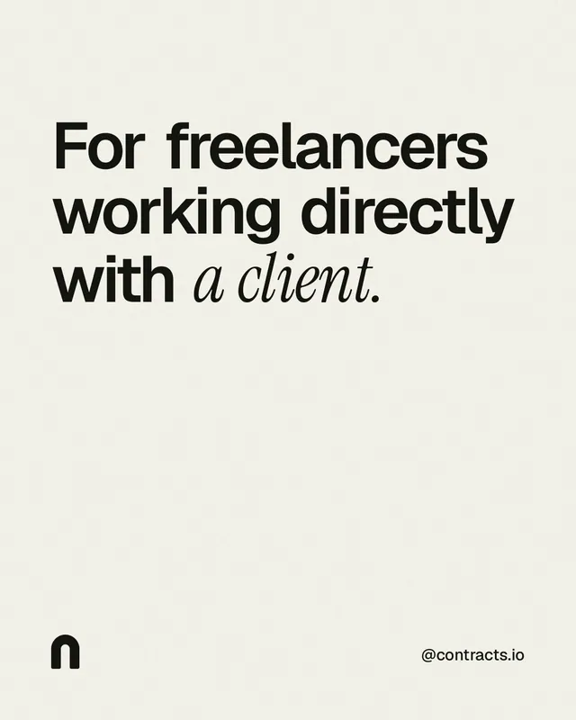 Instagram portrait post for contracts.io: "For freelancers working directly with a client." Editorial style, technique:mixed type lockup layout, light palette in white, grey.