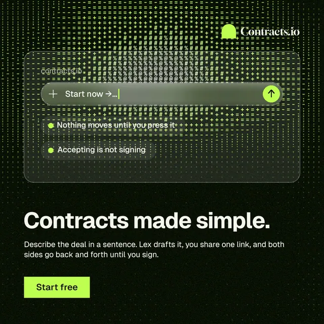 Instagram post for contracts.io: "Contracts made simple." Swiss style, bottom layout, dark palette in green, black, grey.