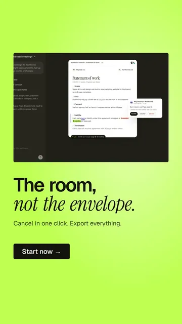 Video for contracts.io: "The room, not the envelope.". Doc motion loop, 7.0 s, light palette.