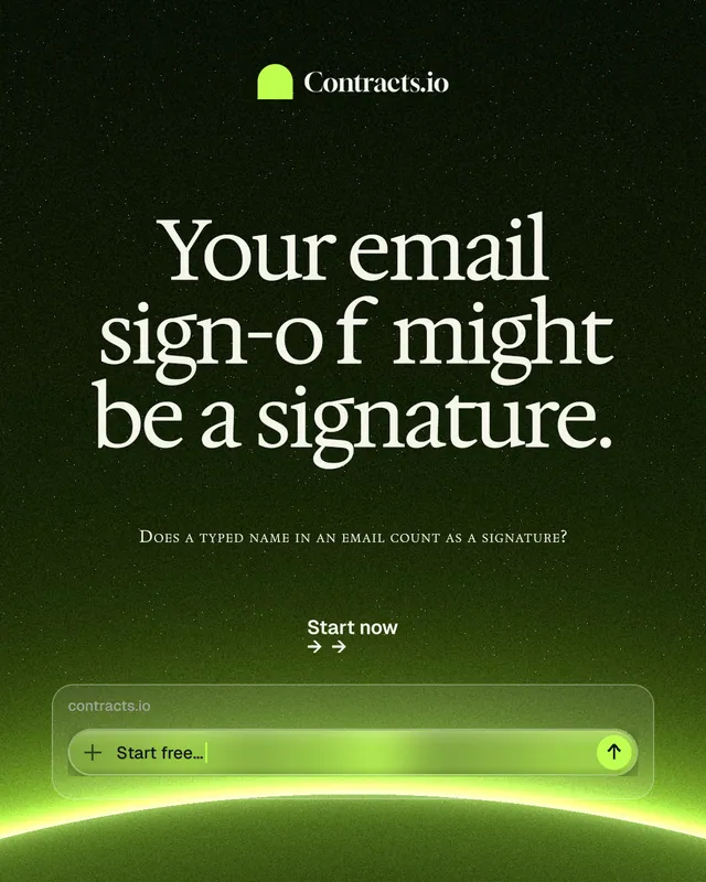 Instagram portrait post for contracts.io: "Your email sign-off might be a signature." Swiss style, smallcaps layout, dark palette in green, black.