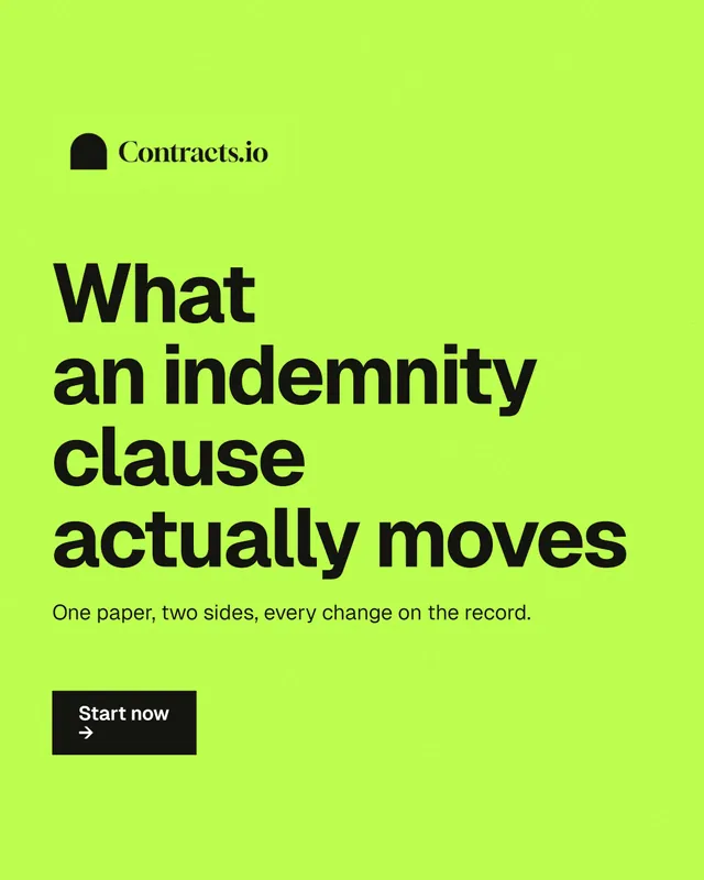 Instagram portrait post for contracts.io: "What an indemnity clause actually moves". Swiss style, announce layout, light palette in green.