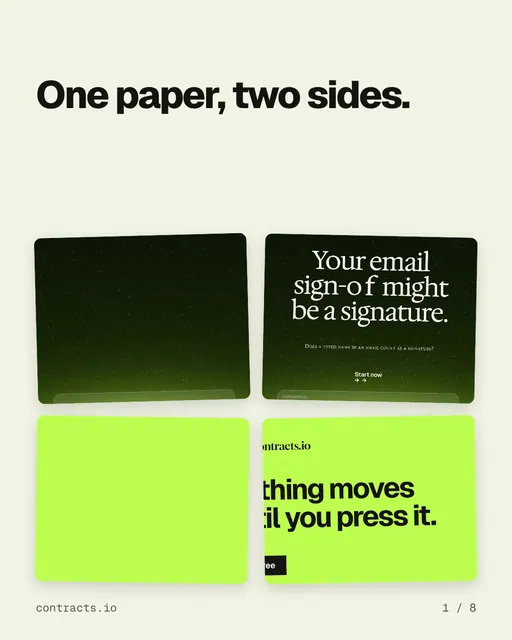 Carousel for contracts.io: "One paper, two sides.". Collection carousel, 8 slides, light palette.
