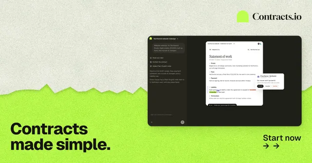 Social ad for contracts.io: "Contracts made simple." Paper trio style, image led layout, light palette in green, white.