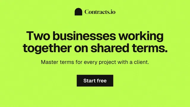Landscape graphic for contracts.io: "Two businesses working together on shared terms." Swiss style, centred layout, light palette in green.