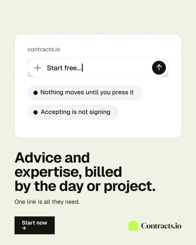 Instagram portrait post for contracts.io: "Advice and expertise, billed by the day or project." Swiss style, bottom layout, light palette in white, grey.