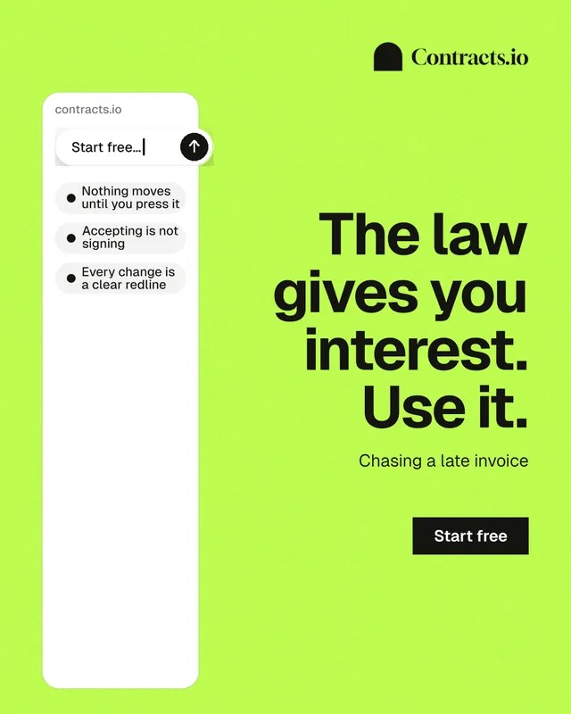 Instagram portrait post for contracts.io: "The law gives you interest. Use it." Swiss style, right layout, light palette in green.