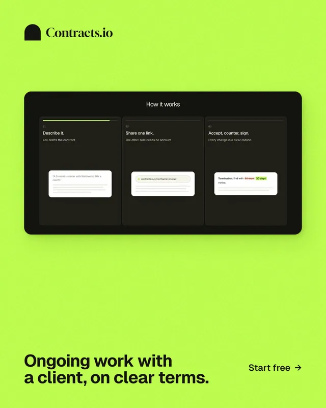 Instagram portrait post for contracts.io: "Ongoing work with a client, on clear terms." Swiss style, image led layout, light palette in green.