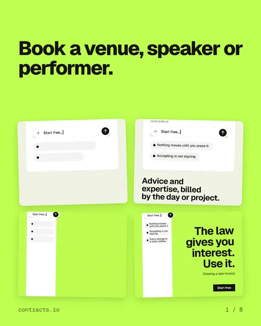 Carousel for contracts.io: "Book a venue, speaker or performer.". Collection carousel, 8 slides, light palette.