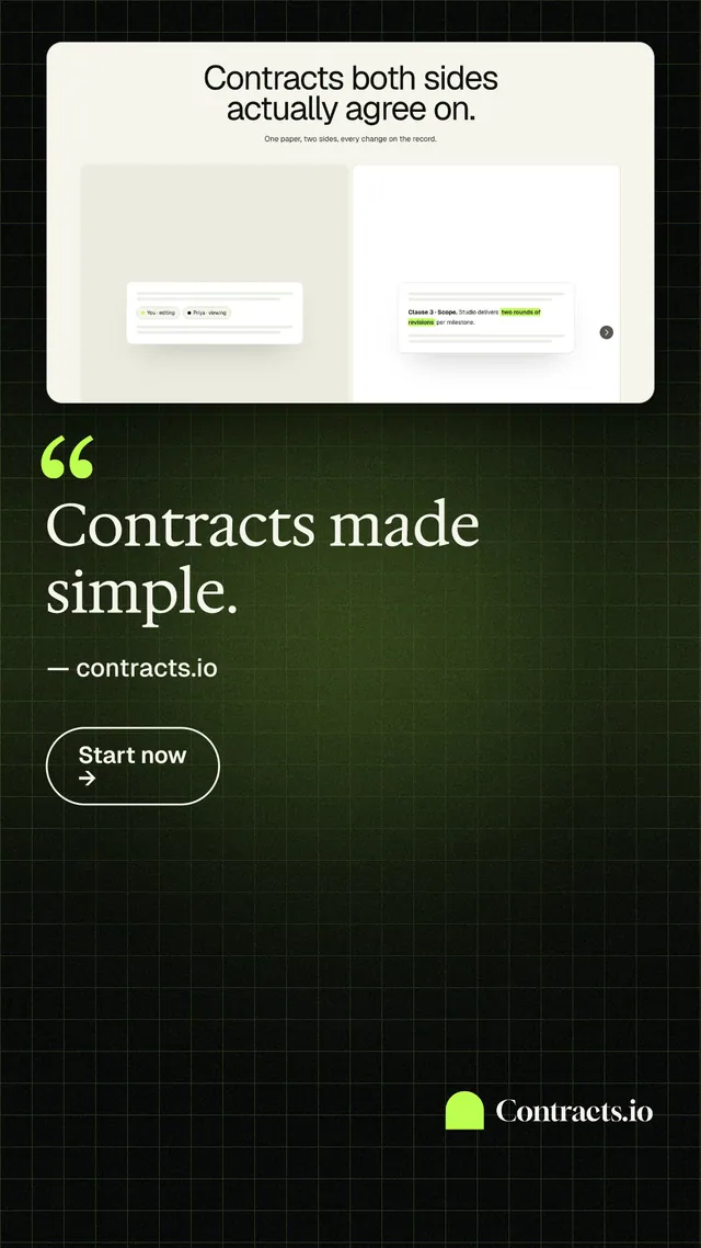 Instagram story for contracts.io: "Contracts made simple." Phosphor atlas style, quote layout, dark palette in yellow, black, green.