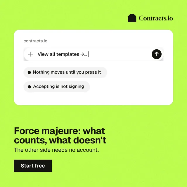 Instagram post for contracts.io: "Force majeure: what counts, what doesn't". Swiss style, bottom layout, light palette in green, white.