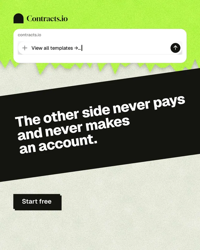 Instagram portrait post for contracts.io: "The other side never pays and never makes an account." Paper trio style, diagonal layout, light palette in green, black, white.