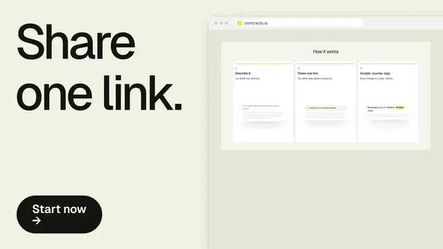 Landscape graphic for contracts.io: "Share one link." Data card style, browser layout, light palette in green, white, grey.