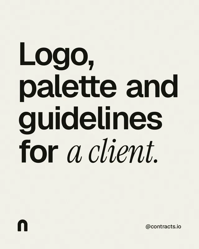 Instagram portrait post for contracts.io: "Logo, palette and guidelines for a client." Editorial style, technique:mixed type lockup layout, light palette in white, grey.