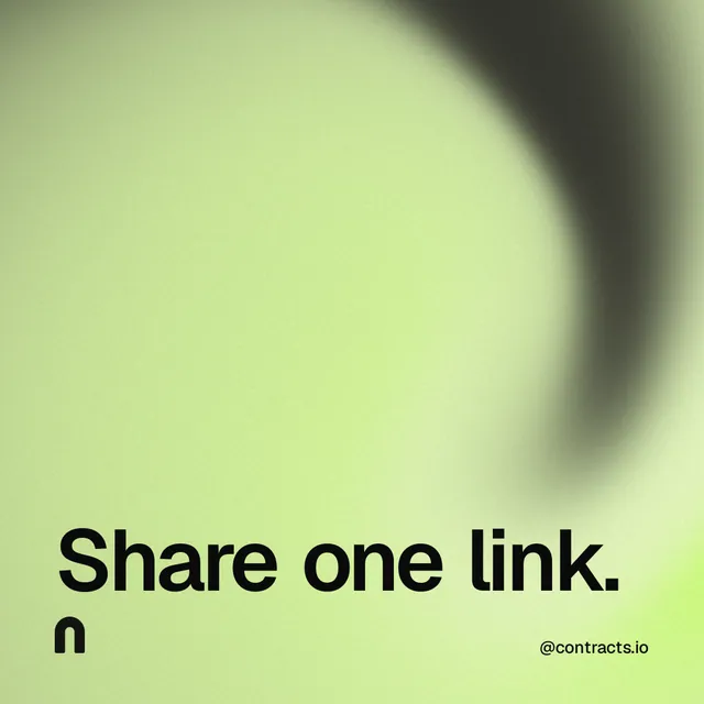 Instagram post for contracts.io: "Share one link." Auto 1x1 style, technique:shader field layout, light palette in green, grey.