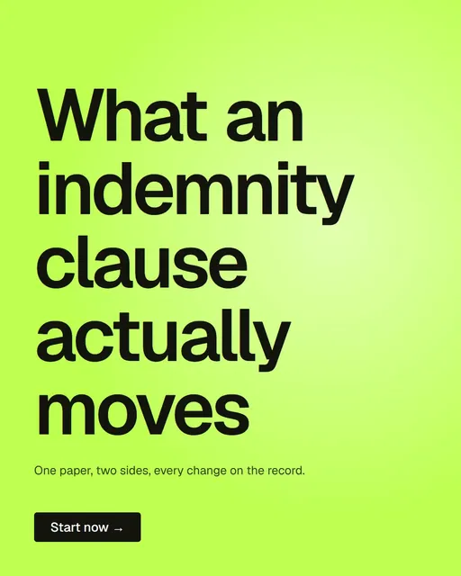 Video for contracts.io: "What an indemnity clause actually moves". Doc motion loop, 6.0 s, light palette.
