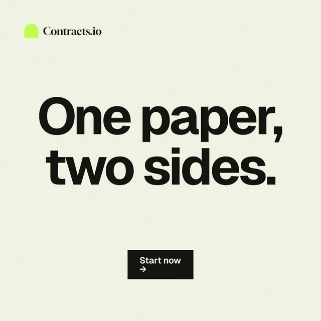 Instagram post for contracts.io: "One paper, two sides." Swiss style, centred layout, light palette in white, grey.