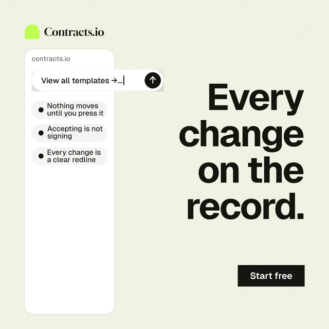 Instagram post for contracts.io: "Every change on the record." Swiss style, right layout, light palette in white, grey.