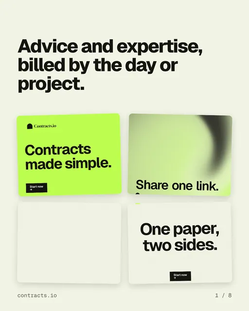 Carousel for contracts.io: "Advice and expertise, billed by the day or project.". Collection carousel, 8 slides, light palette.