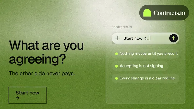Landscape graphic for contracts.io: "What are you agreeing?" Cyanotype style, bottom layout, light palette in green.