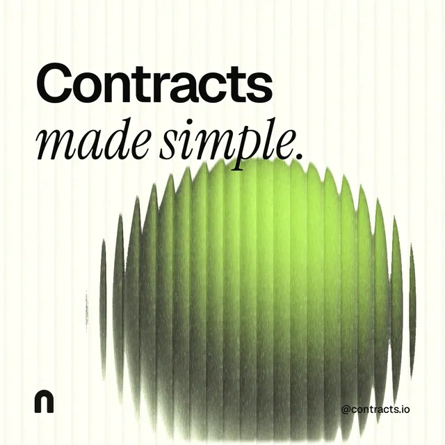 Instagram post for contracts.io: "Contracts made simple." Auto 1x1 style, technique:shader field layout, light palette in grey, white, green.