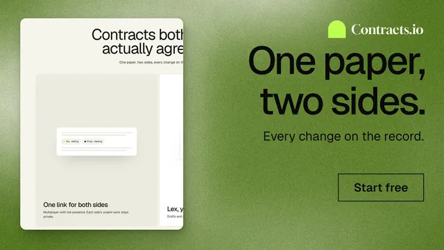 Landscape graphic for contracts.io: "One paper, two sides." Cyanotype style, right layout, light palette in white, green.