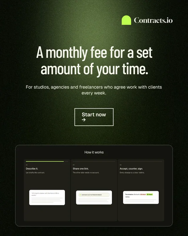 Instagram portrait post for contracts.io: "A monthly fee for a set amount of your time." Dark deco style, centred layout, dark palette in black, grey.