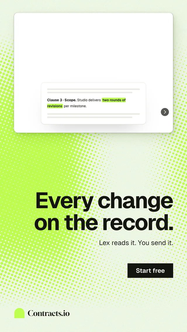 Instagram story for contracts.io: "Every change on the record." Swiss style, right layout, light palette in white, green.