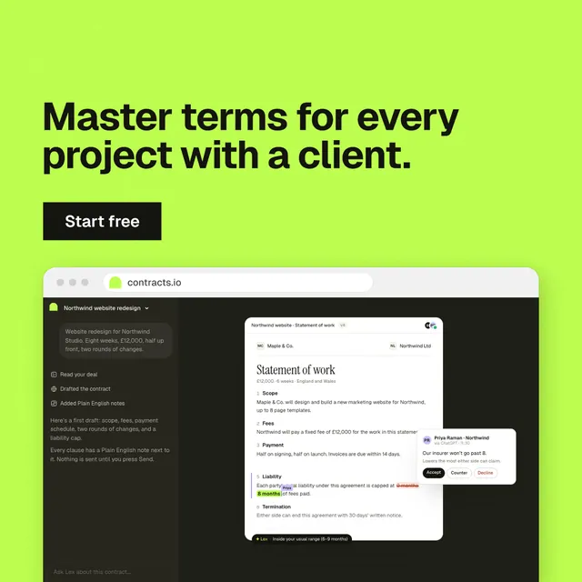 Instagram post for contracts.io: "Master terms for every project with a client." Swiss style, browser layout, light palette in black, green.