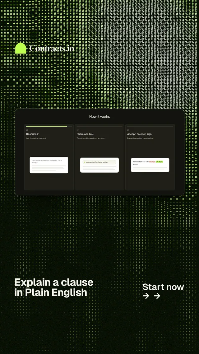 Instagram story for contracts.io: "Explain a clause in Plain English". Swiss style, image led layout, dark palette in black, grey, green.