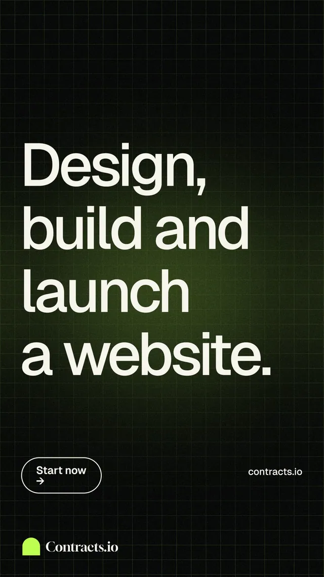 Instagram story for contracts.io: "Design, build and launch a website." Phosphor atlas style, poster layout, dark palette in black, grey.