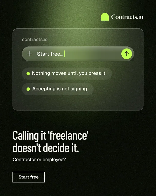 Instagram portrait post for contracts.io: "Calling it 'freelance' doesn't decide it." Dark deco style, bottom layout, dark palette in black, green.