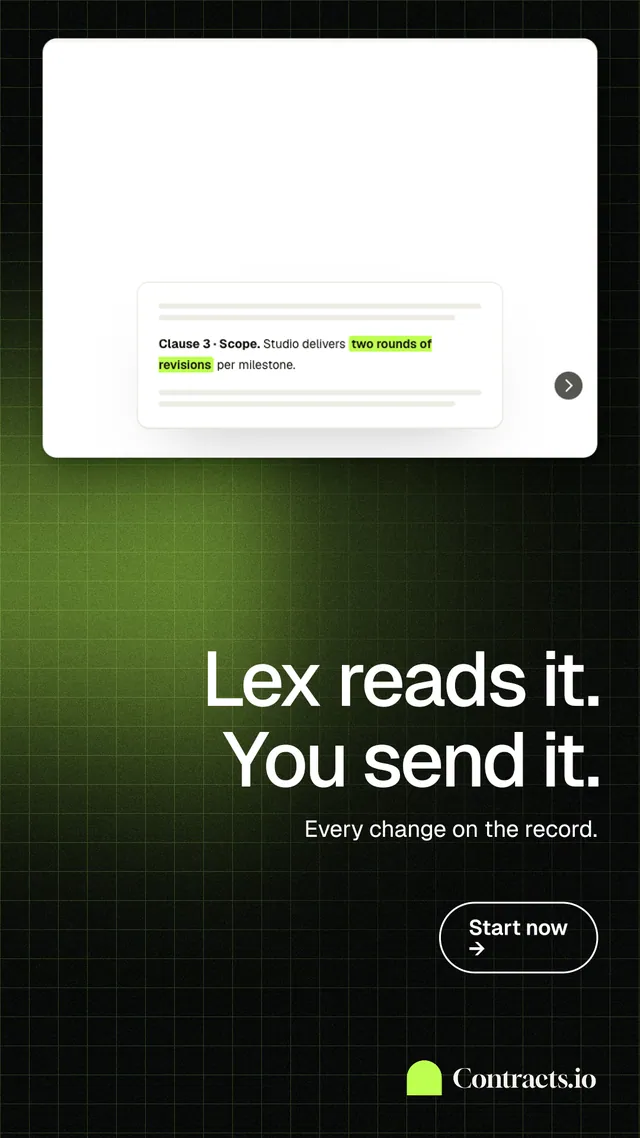 Instagram story for contracts.io: "Lex reads it. You send it." Phosphor atlas style, right layout, dark palette in black, white, grey.