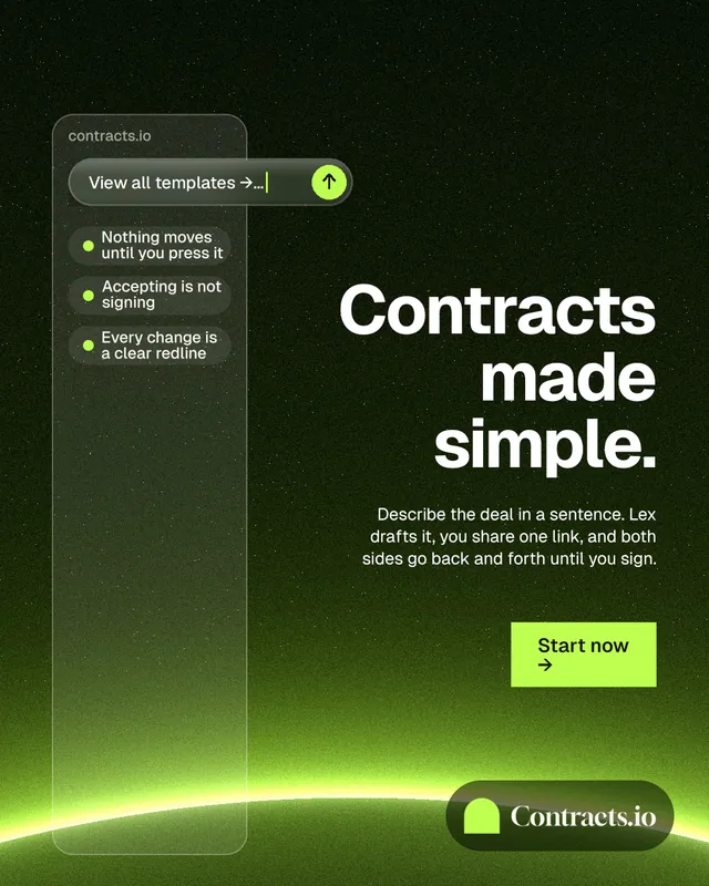 Instagram portrait post for contracts.io: "Contracts made simple." Swiss style, right layout, dark palette in green, black.