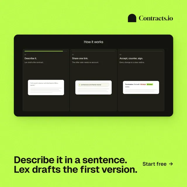 Instagram post for contracts.io: "Describe it in a sentence. Lex drafts the first version." Swiss style, image led layout, light palette in green, black.