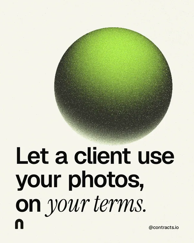 Instagram portrait post for contracts.io: "Let a client use your photos, on your terms." Auto 4x5 style, technique:shader field layout, light palette in white, grey.