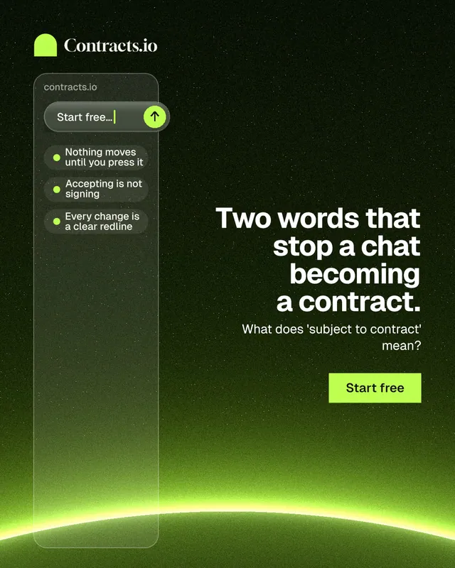 Instagram portrait post for contracts.io: "Two words that stop a chat becoming a contract." Swiss style, right layout, dark palette in black, green.