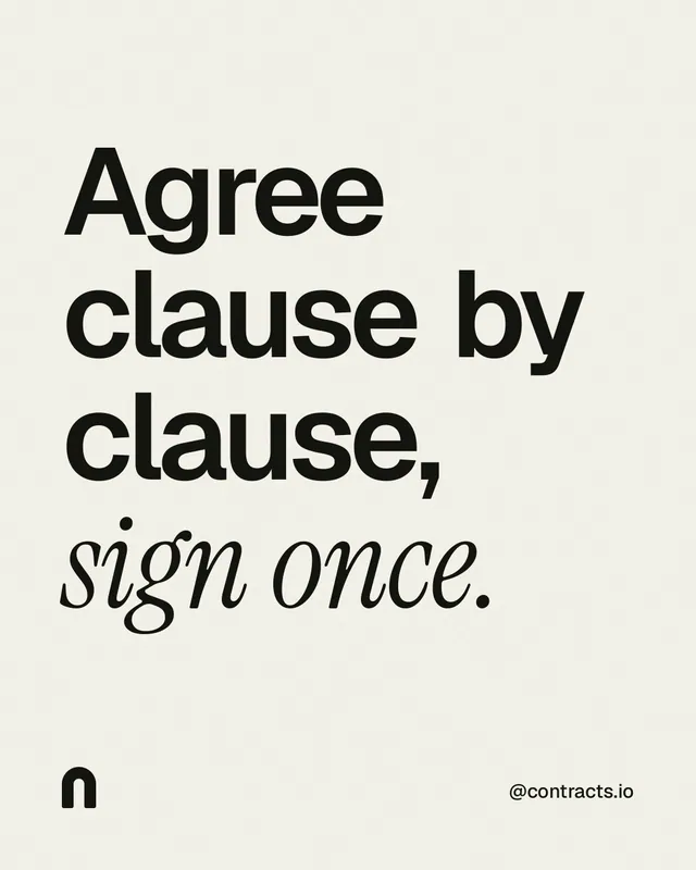 Instagram portrait post for contracts.io: "Agree clause by clause, sign once." Editorial style, technique:mixed type lockup layout, light palette in white, grey.