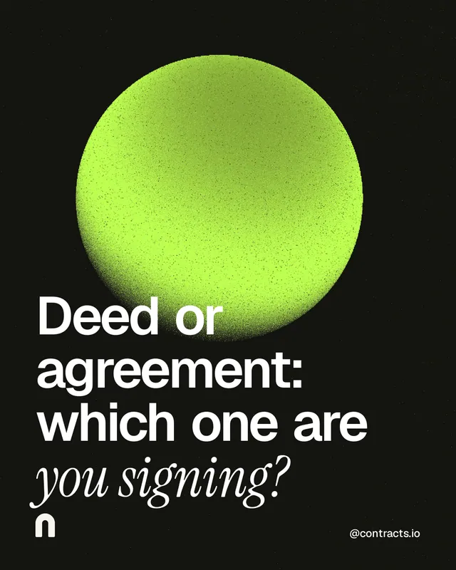 Instagram portrait post for contracts.io: "Deed or agreement: which one are you signing?" Auto 4x5 style, technique:shader field layout, dark palette in black, green, grey.