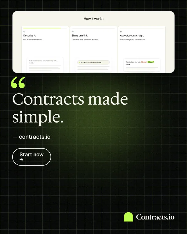 Instagram portrait post for contracts.io: "Contracts made simple." Phosphor atlas style, quote layout, dark palette in white, black, green.
