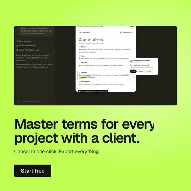 Video for contracts.io: "Master terms for every project with a client.". Doc motion loop, 7.0 s, light palette.