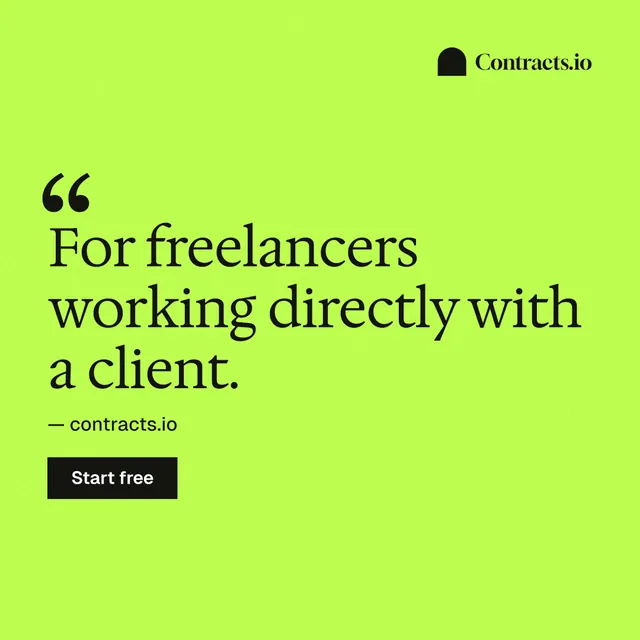 Instagram post for contracts.io: "For freelancers working directly with a client." Swiss style, quote layout, light palette in green.