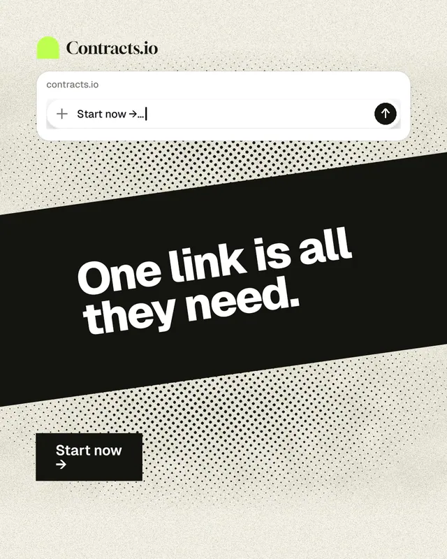 Instagram portrait post for contracts.io: "One link is all they need." Ink sticker style, diagonal layout, light palette in yellow, white, black.