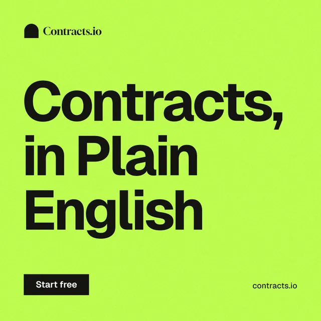 Instagram post for contracts.io: "Contracts, in Plain English". Swiss style, poster layout, light palette in green.
