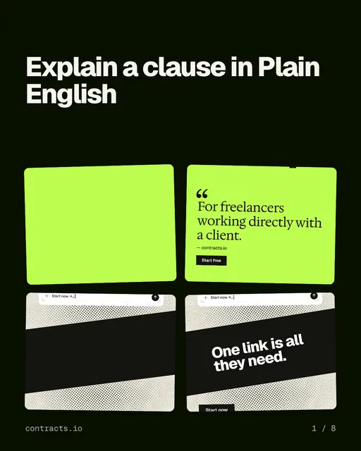 Carousel for contracts.io: "Explain a clause in Plain English". Collection carousel, 8 slides, dark palette.
