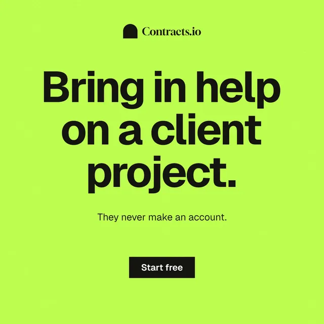Instagram post for contracts.io: "Bring in help on a client project." Swiss style, centred layout, light palette in green.