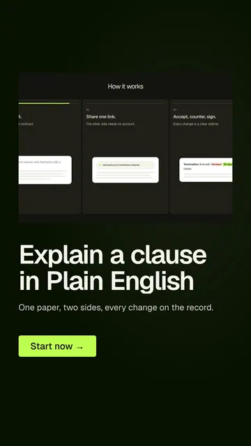 Video for contracts.io: "Explain a clause in Plain English". Doc motion loop, 8.0 s, dark palette.